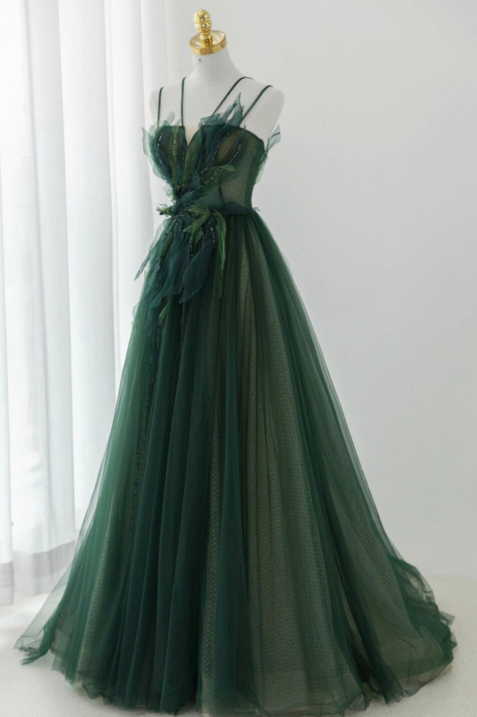 Green Tulle Long A-Line Prom Dress, Green Formal Evening Dress