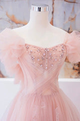 Pink Tulle Beaded Long Prom Dress, A-Line Evening Party Dress