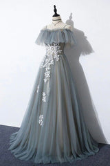 Gray Tulle Lace Long Prom Dress, A-Line Evening Dress