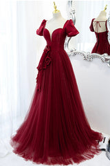 A-Line Satin Tulle Long Prom Dresses, Burgundy Evening Dresses