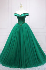 Green Tulle Long A-Line Ball Gown, Off the Shoulder Evening Dress