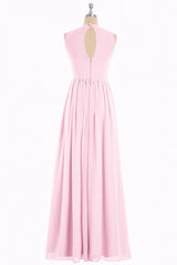 Pink Chiffon Halter Cutout Back A-Line Long Bridesmaid Dress