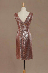 Rose Gold Sequin V-Neck Backless Short Bridesmaid Dress