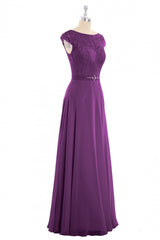 Elegant Purple Lace Cap Sleeve A-Line Long Bridesmaid Dress