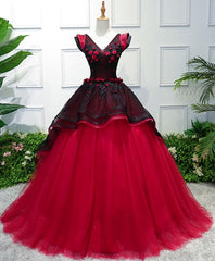 Unique Burgundy V Neck Tulle Long Prom Dress, Burgundy Evening Dress