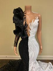 Hot Half Black Half White One shoulder Long Sleeves Mermaid Prom Dresses