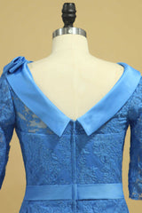 Blue Lace Crew Neck Half Sleeve Short Mother of the Bride Dress