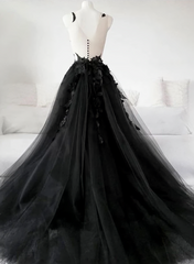 Black Tulle Lace Long Prom Dress, Black Lace Evening Dress, 2303