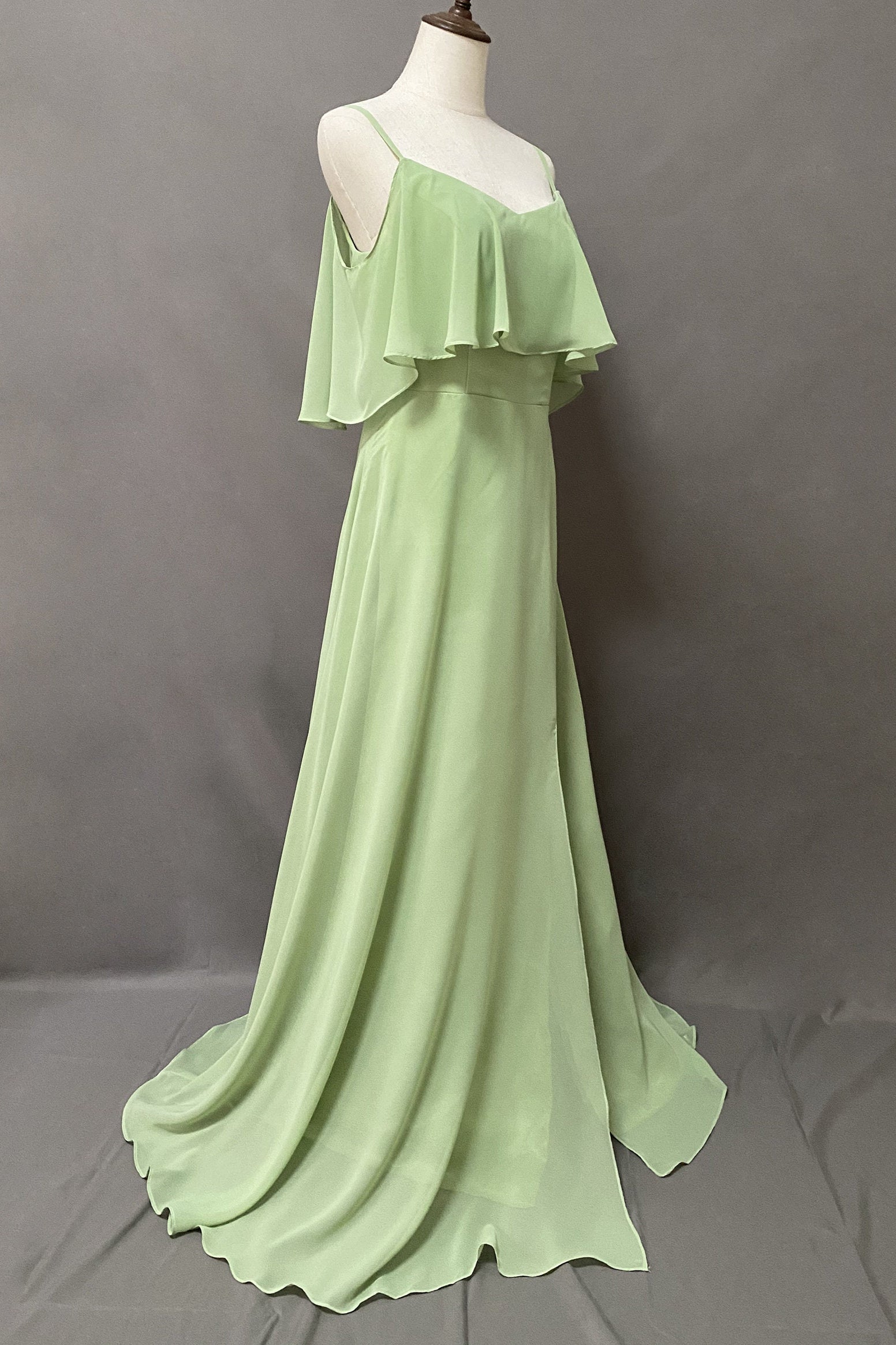 Ruffles Sage Green Straps A-Line Long Bridesmaid Dress with Slit