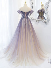 Purple Off Shoulder Tulle Sequin Long Prom Dress, Purple Evening Dress