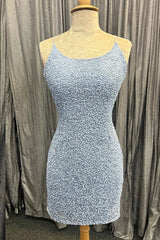 Light Blue Lace-Up Sequins Sheath Homecoming Dress