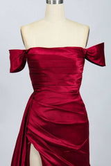 Red Satin Off-the-Shoulder Mermaid Long Prom Dress with Slit