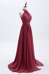 High Neck Burgundy Chiffon A-line Long Bridesmaid Dress