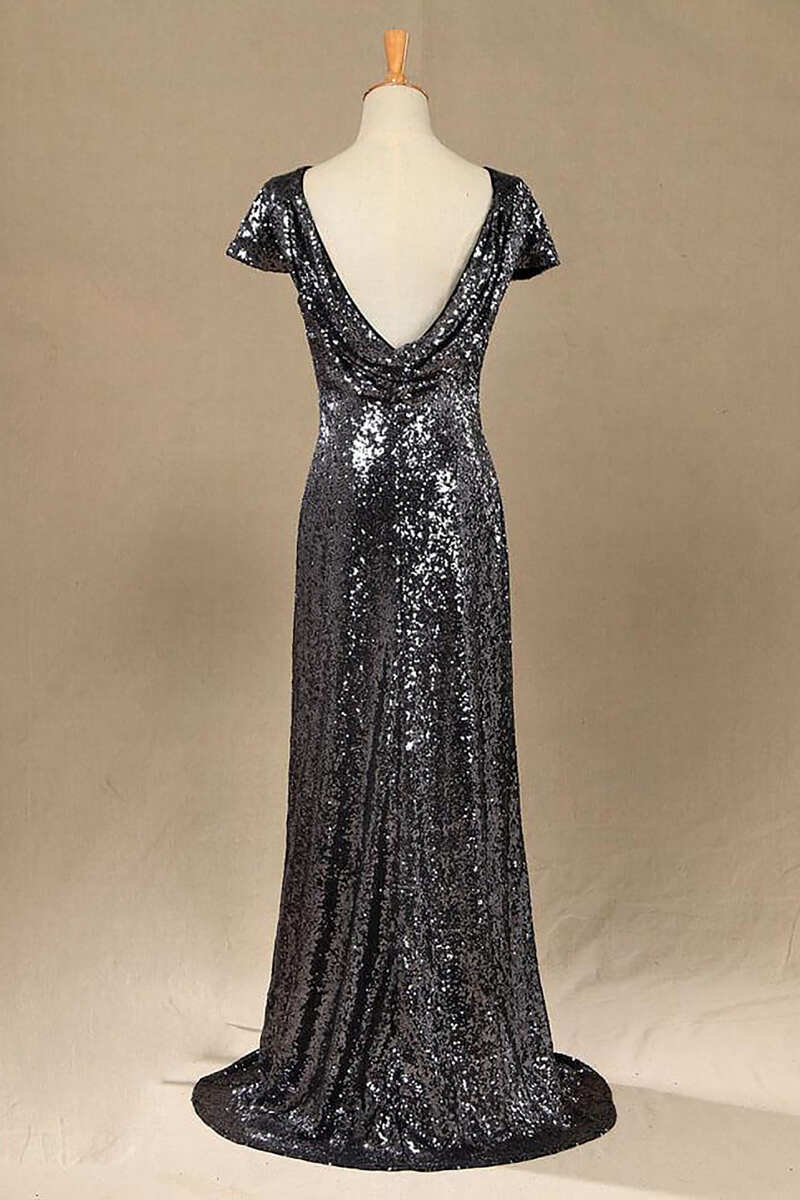 Black Sequin Cap Sleeve Backless Long Bridesmaid Dress