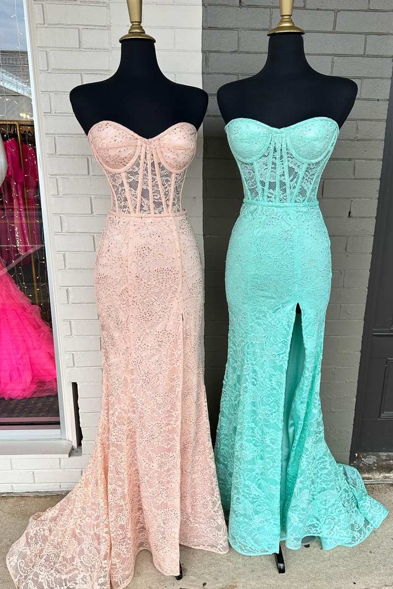 Mint Green Lace Strapless Mermaid  Long Prom Dress with Slit