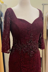 Burgundy Lace Beaded Half Sleeves Long Mother of Bride Dress