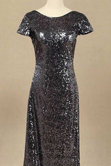 Black Sequin Cap Sleeve Backless Long Bridesmaid Dress