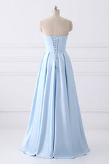 Light Blue A Line Floor Length Strapless Sleeveless Lace Up Prom Dresses