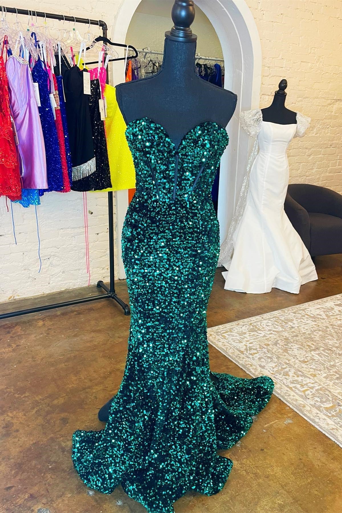 Hunter Green Strapless Mermaid Sequins Long Prom Dress