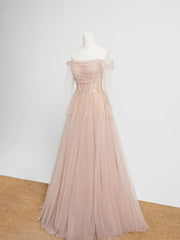 Champagne Pink Tulle Beads Long Prom Dress, Champagne Evening Dress