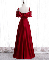 Burgundy Satin Beads Long Prom Dress, Burgundy Evening Dress