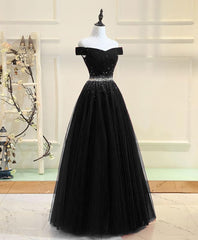 Black Tulle Sequin Long Prom Dress, Black Tulle Evening Dress