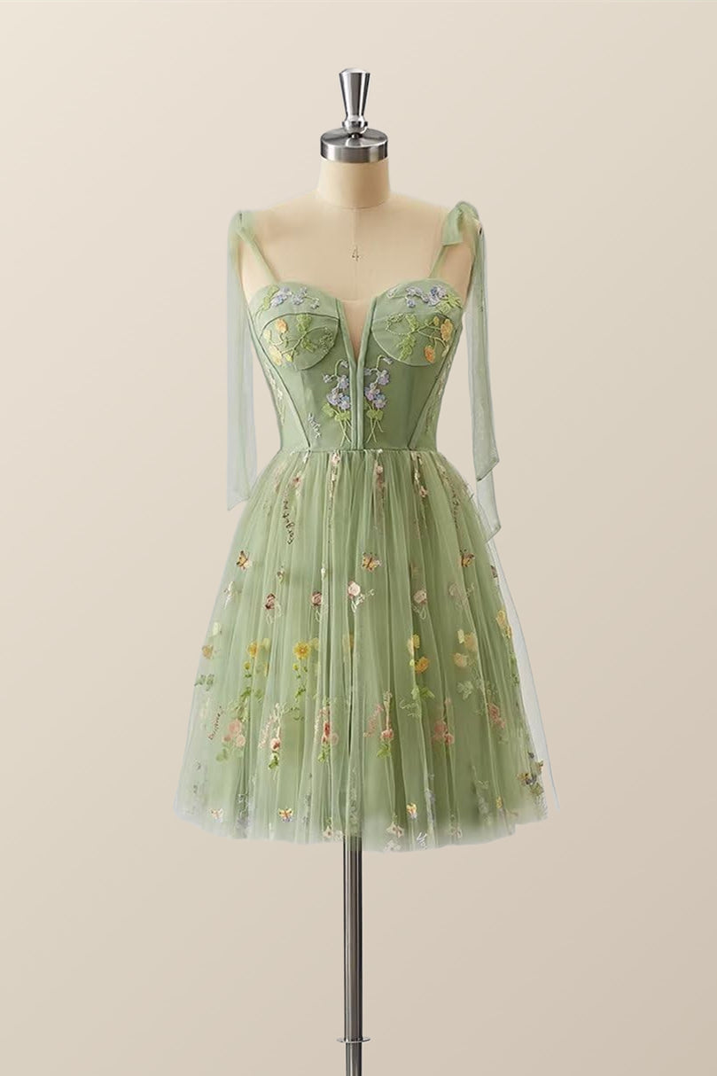 Green Floral Tulle A-line Short Dress with Tie Shoulders