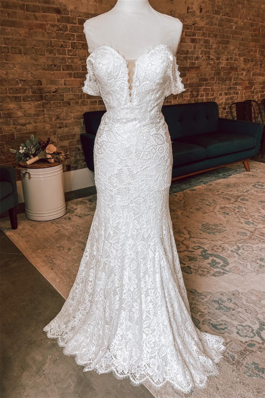 White Plunging Off-the-Shoulder Lace Mermaid Long Wedding Dress