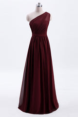 One Shoulder Burgundy A-line Chiffon Long Bridesmaid Dress