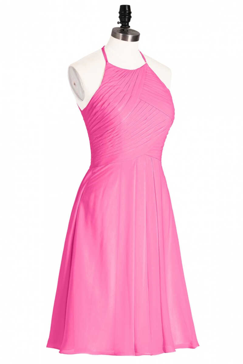 Neon Pink Halter A-Line Short Bridesmaid Dress