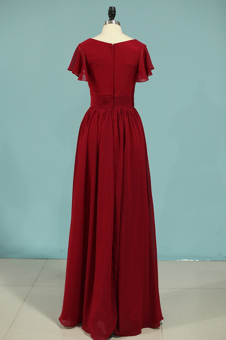 Red Chiffon V-Neck Ruffled A-Line Long Bridesmaid Dress