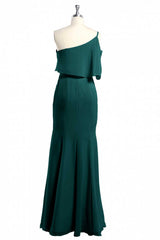 Hunter Green One-Shoulder Mermaid Ruffled Long Bridesmaid Dress