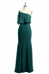 Hunter Green One-Shoulder Mermaid Ruffled Long Bridesmaid Dress