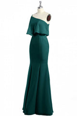 Hunter Green One-Shoulder Mermaid Ruffled Long Bridesmaid Dress