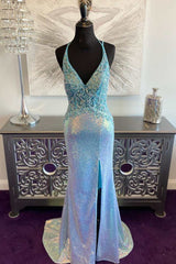 Blue Iridescent Sequin V-Neck Lace-Up Back Mermaid Long Prom Dress