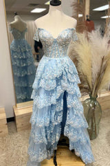 Light Blue Lace Sweetheart Tiered Long Prom Dress with Slit