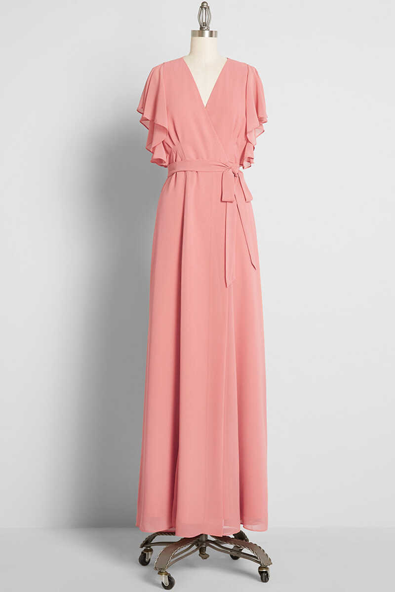 Peach Wrap Ruffled Long Bridesmaid Dress