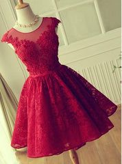 A-Line Jewel Cap Sleeves Red Lace Short Homecoming Dress 2024 with Beading