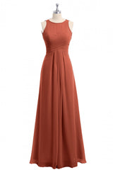 Rust Orange Crew Neck Backless A-Line Long Bridesmaid Dress