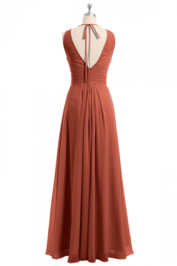 Rust Orange Crew Neck Backless A-Line Long Bridesmaid Dress