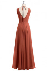 Rust Orange Crew Neck Backless A-Line Long Bridesmaid Dress