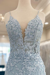 Light Blue Appliques Plunge V Short Homecoming Dress