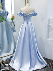 Blue A Line Off Shoulder Long Prom Dress, Blue Evening Dress