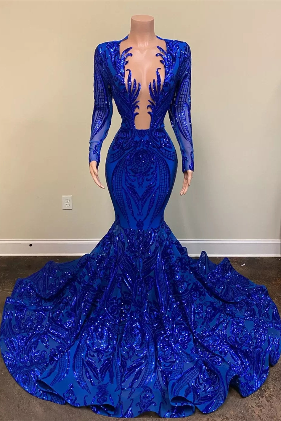 Hot Sparkle Royal Blue Sequin Long sleeves Mermaid Prom Dresses