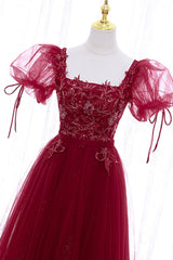 Burgundy Short Sleeve Tulle Tea Length Prom Dress, A-Line Party Dress