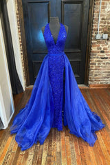 Blue V-Neck Sequins Long Prom Dresses, Blue Formal Evening Dresses