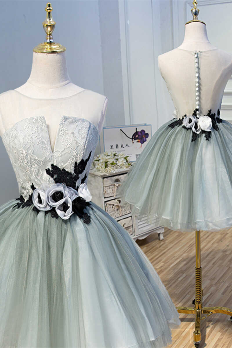 Princess Light Green Flower Sheer Back A-Line Short Party Dress