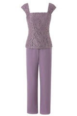 Three-Piece Mauve Square Neck Mother of the Bride Pant Suits