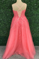 Hot Pink Floral Lace Backless A-Line Prom Dress