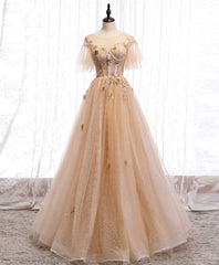 Champagne Round Neck Tulle Lace Long Prom Dress, Formal Dress